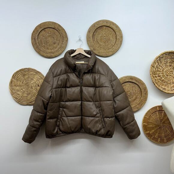 Sebby Collection Brown Zip Up Faux Leather Puffer Winter Coat Plus Size 2X - Picture 1 of 8